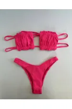 Kadın Pembe İp Bağlamalı Büzgülü Straplez Bikini Takım HZL25S-LC2226