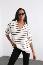 Pull col polo rayé écru noir pour femme HZL25W-BD1100841