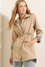 Trench-coat beige foncé doublé pour femme, avec poches et cordon de serrage à la taille, HZL22W-BD156691