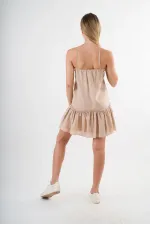 Kadın Bej V Yaka İp Askılı Eteği Pileli Güpür Detaylı Elbise HZL24S-YY244