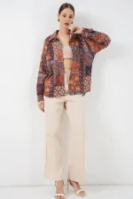 Women's Oversize Patterned Satin Shirt 20365 - Terracotta