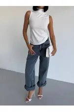 Women's White Turtleneck Sleeveless Sandy Crop Blouse HZL26S-FRY123931 Women's White Turtleneck Sleeveless Sandy Crop Blouse HZL26S-FRY123931