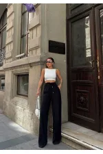 Kadın Siyah Yüksel Bel Lastikli Beli Bağlamalı Cepli Geniş Paça Pantolon HZL24S-VL191151