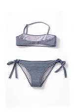 Kız Çocuk Lacivert Beyaz Çizgili Arı Çıkartmalı 4-12 Yaş Straplez Bikini Takım HZL24S-LC3228