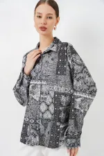 Chemise oversize en satin à motifs pour femme 20365 - Anthracite