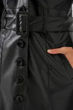 Kadın Yakası Kürklü Deri Kaban 1048 - Siyah