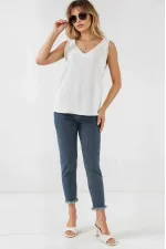 Kadın Beyaz V Yaka Sıfır Kol Bluz HZL25S-BD19501