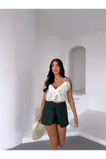 Kadın Zümrüt Yeşil Bağlama Detay Müslin Şort HZL25S-DSB2323