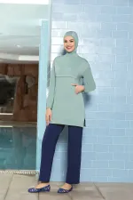 Women's Hijab Mint Green Pocketed Long Sleeve Fully Covered Tights Lycra Dress Swimsuit HZL24S-AR1254-45