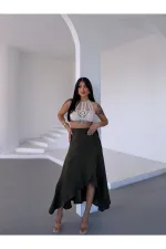 Kadım Haki Belden Bağlamalı Asimetrik Müslin Etek HZL25S-DSB117801