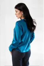 Kadın Petrol Mavisi Hafif Dökümlü Saten Yüzeyli Gömlek HZL22W-BD139641