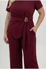 Women's Burgundy Plus Size Modal Fabric Top and Bottom Set with Gold Buckle Detail HZL26S-ZSS111291 Women's Burgundy Plus Size Modal Fabric Top and Bottom Set with Gold Buckle Detail HZL26S-ZSS111291