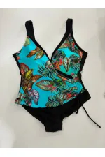 Women's Blue Black Feather Pattern V-Neck Side Tie Plus Size Swimsuit HZL25S-LC4007