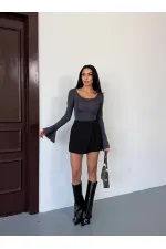 Kadın Antrasit Uzun Kollu Arkası Bağlamalı Fit Kesim Crop Bluz HZL25W-FRY122771