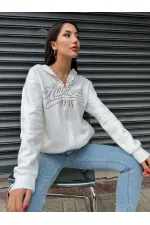 Kadın Beyaz Baskılı Kapüşonlu Fermuarlı Oversize Sweatshirt HZL24W-ZK12741