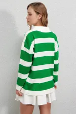 Pull oversize en maille à rayures vertes et col polo pour femme, zippé, HZL23W-BD145121