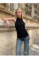 Kadın Siyah Boyundan Bağlamalı Gofre Kumaş Bluz HZL25S-ZK13631