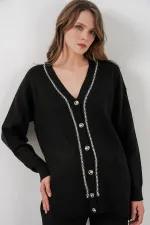 Ensemble deux pièces pour femme : cardigan, pantalon et tricot 15956 - Noir