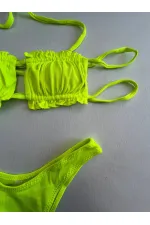 Women's Neon Green String-Tied Gathered Strapless Bikini Set HZL25S-LC2226