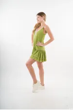 Kadın Fıstık Yeşil V Yaka İp Askılı Eteği Pileli Güpür Detaylı Elbise HZL24S-YY244