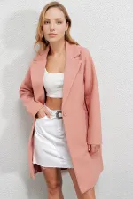 Kadın Pembe Tek Düğmeli Çift Cepli Astarlı Şık Kaşe Kaban HZL23W-BD190851