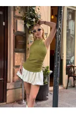 Kadın Fıstık Yeşil Boyundan Bağlamalı Gofre Kumaş Bluz HZL25S-ZK13631