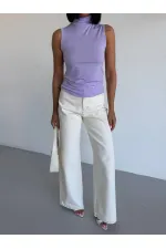 Women's Lilac Turtleneck Sleeveless Sandy Crop Blouse HZL26S-FRY123931 Women's Lilac Turtleneck Sleeveless Sandy Crop Blouse HZL26S-FRY123931