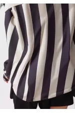 Kadın Siyah Krem Çizgili Saten Gömlek HZL23S-BD1201731