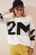 Pull oversize en maille imprimé écru pour femme HZL23W-BD1101281