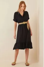 Kadın Siyah Gömlek Yaka Düğmeli  Hasır Kemerli Ayrobin Elbise HZL22S-BD122921