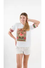 Kadın Beyaz Kırmızı Peponi Baskılı Bisiklet Yaka T-Shirt HZL24S-YY302