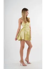 Women's Pistachio Green Straped Front Buttoned Pocket Elastic Waist Shorts Dress HZL24S-YY197
