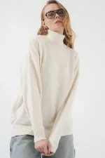15917 Kadın Balıkçı Yaka Oversize Triko Kazak - Ekru