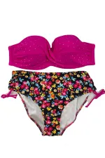 Kadın Fuşya Çiçek Desenli Taş İşlemeli Büyük Beden Astarlı Bikini Takım HZL25S-LC3312