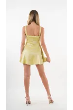 Women's Pistachio Green Straped Front Buttoned Pocket Elastic Waist Shorts Dress HZL24S-YY197