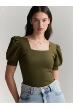 Kadın Haki Kare Yaka Örme Bluz Hzl22w-bd104091