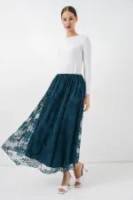 Jupe longue en tulle imprimé floqué pour femme 8070 - Pétrole