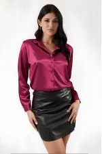 Kadın Bordo Hafif Dökümlü Saten Yüzeyli Gömlek Hzl22w-bd139641
