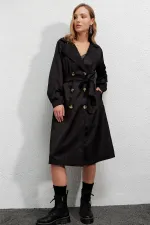 Trench-coat décontracté noir à double boutonnage pour femme, non doublé, avec ceinture, HZL22S-BD158531
