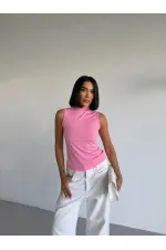Women's Pink Turtleneck Sleeveless Sandy Crop Blouse HZL26S-FRY123931