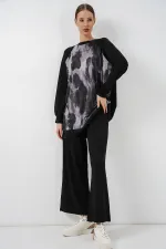 Women's Patterned Oversize Tunic and Pants Two-Piece Set 55462 - Black