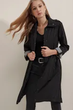 Women's Black Pocket Detailed Waist Pleated Lined Long Trench Coat HZL23W-BD158081