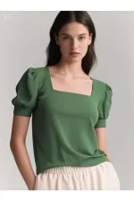 Kadın Zümrüt Yeşil Kare Yaka Örme Bluz HZL22W-BD104091