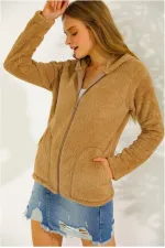 Kadın Hardal Welsoft esnek kumaş Peluş Yumoş Önü Fermuarlı Kapüşonlu Ceket HZL23W-DSB110081