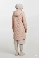 Women's Cream Long Quilted Lined Puffer Hijab Coat HZL25W-BD151381