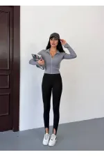 Kadın Gri Dalgıç Kumaş Fermuar Kapamalı Parmak Geçirmeli Sweatshirt HZL25W-FRY123441