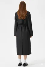 Trench-coat croisé noir doublé et ceinturé pour femme, modèle saisonnier HZL25W-BD159411