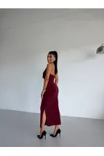 Kadın Bordo Boyundan Aksesuarlı Yandan Yırtmaçlı Midi Boy Sandy Elbise HZL26S-FRY123841