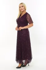 Kadın Mor Büyük Beden Kruvaze Yaka Payetli Abiye Elbise HZL26S-PR11171