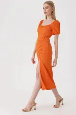 Kadın Oranj  Yırtmaçlı Yazlık Örme Elbise HZL23S-BD123961